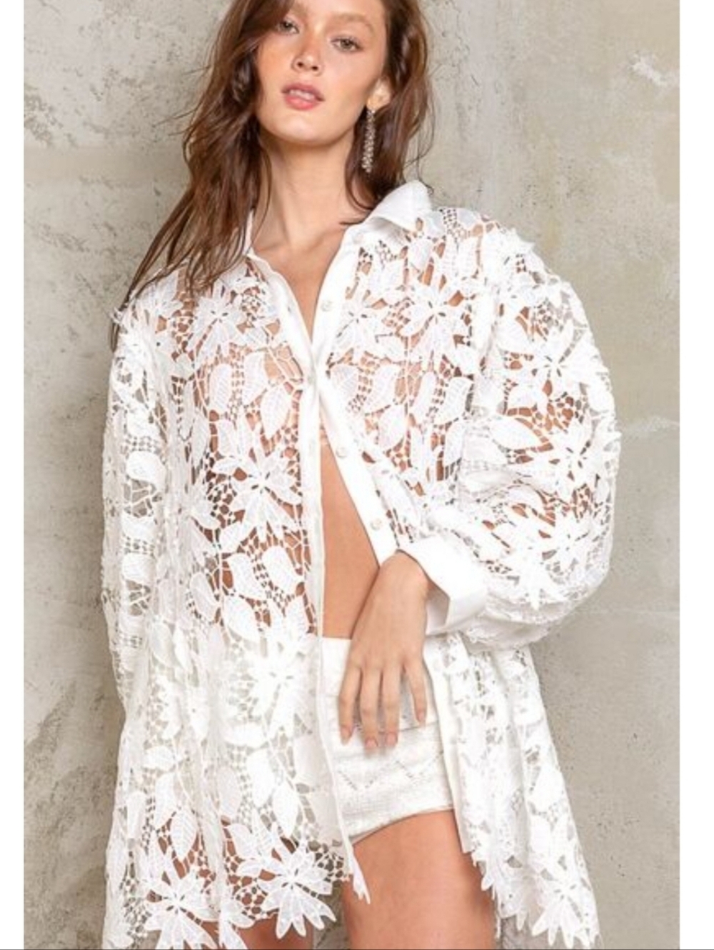 POL Lace Crochet Balloon Sleeve Button Down White Floral Shirt Summer Vacation L